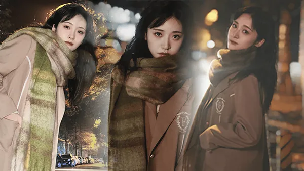 沈月穿学院风外套青春靓丽 路灯下拍照若神明少女