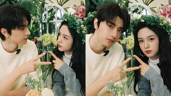 周也戴花环与林一同框合影 二人比耶对视cp感拉满