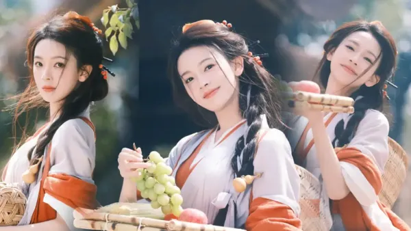 Chen Yao's pastoral style is flexible and lively, holding a fruit with a sweet smile and eye-catching smile
