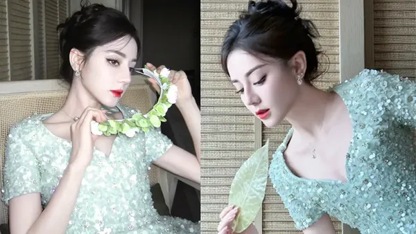 迪丽热巴浅绿长裙展现灵动之美与精致侧颜