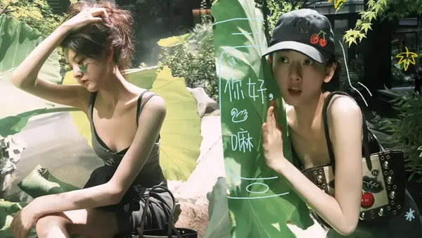 宋祖儿穿绿色吊带裙身材纤细 在大自然中拍照状态松弛