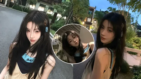 鞠婧祎穿卡其色吊带裙身材纤细 发丝微乱纯欲感十足