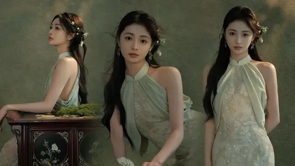 Zhou Jieqiong wears a light green embroidered dress, with an ethereal and elegant hair decorated with flowers to show oriental charm