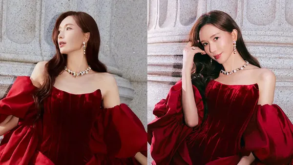 Lin Zhiling wears a red velvet tube top dress and looks beautiful! Skin is white, ruddy and beautiful
