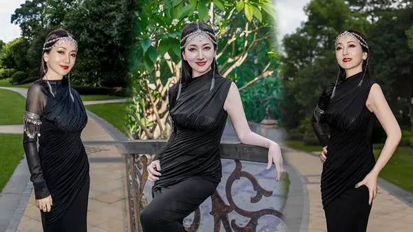 赵雅芝穿黑色长裙气质优雅端庄！戴闪亮头饰尽显异域风情