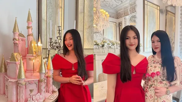 Li Xiang shares her daughter's 16th birthday photo. Wang Shiling wears a red strapless dress and has an elegant smile