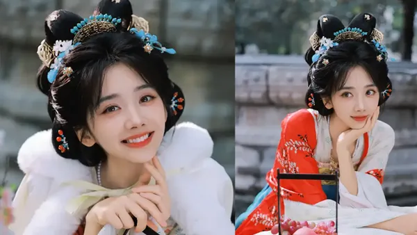 Wang Yinglu wears a fluffy cape and is full of girlish feeling. Carrying a fruit basket in her hand is lively and agile