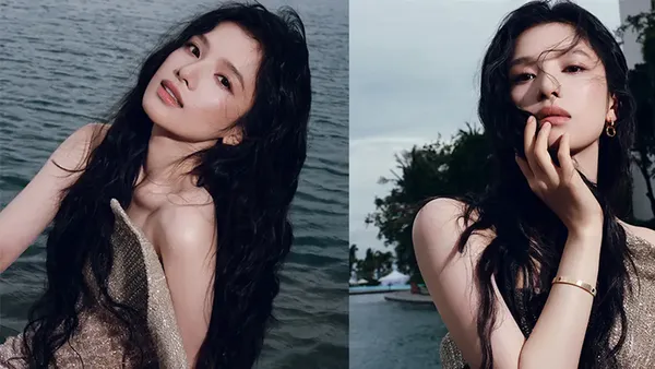 张婧仪着香槟粉鱼尾裙 宛如海畔边的人鱼公主