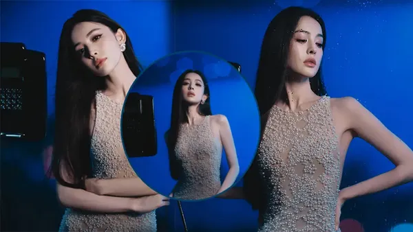 娜扎一身金色修身长裙  时尚华丽明媚耀眼