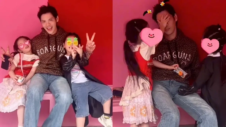 向佐郭碧婷带两个孩子出游 儿子向笙一头长发抢镜