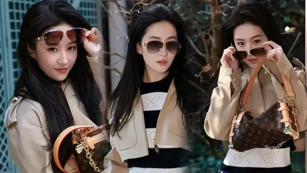 刘亦菲穿卡其外套搭条纹衫复古时髦 穿蓝短裤衬得双腿纤细修长