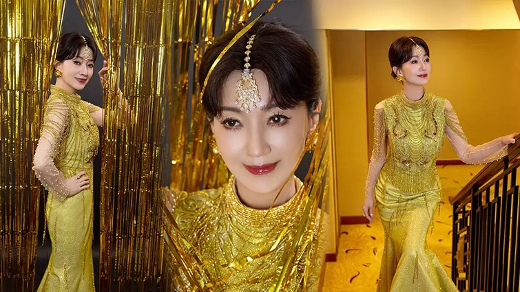 碎金流纱映风华：赵雅芝的鎏金礼服，是岁月写给优雅的诗
