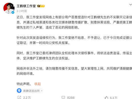 伪造聊天记录造谣蔓延,王鹤棣工作室报警维权:网络造谣的成本与边界该如何审视
